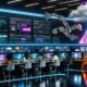 Futuristischer, technoider Arbeitsplatz mit Neonlichtern, holografischen Interfaces und automatisierten Videoprozessen in innovativem Teamumfeld.