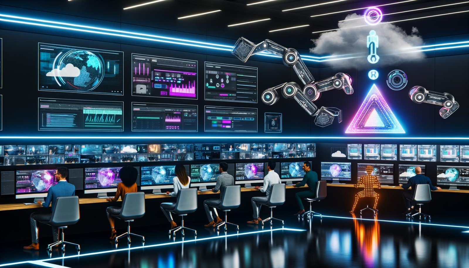 Futuristischer, technoider Arbeitsplatz mit Neonlichtern, holografischen Interfaces und automatisierten Videoprozessen in innovativem Teamumfeld.