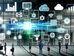 Menschen verschiedener Abteilungen betrachten im modernen Büro einen gebündelten Datenstrom aus Excel, CSV, Cloud und APIs, der zu einem organisierten Datenmotor wird, während alte Systeme verblassen.