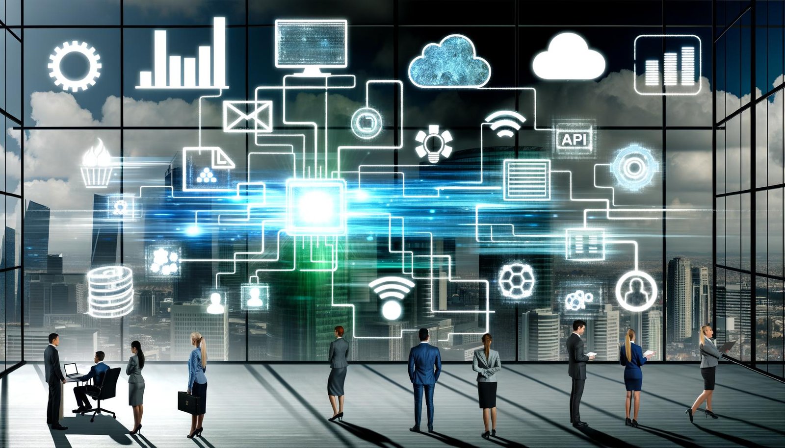 Menschen verschiedener Abteilungen betrachten im modernen Büro einen gebündelten Datenstrom aus Excel, CSV, Cloud und APIs, der zu einem organisierten Datenmotor wird, während alte Systeme verblassen.