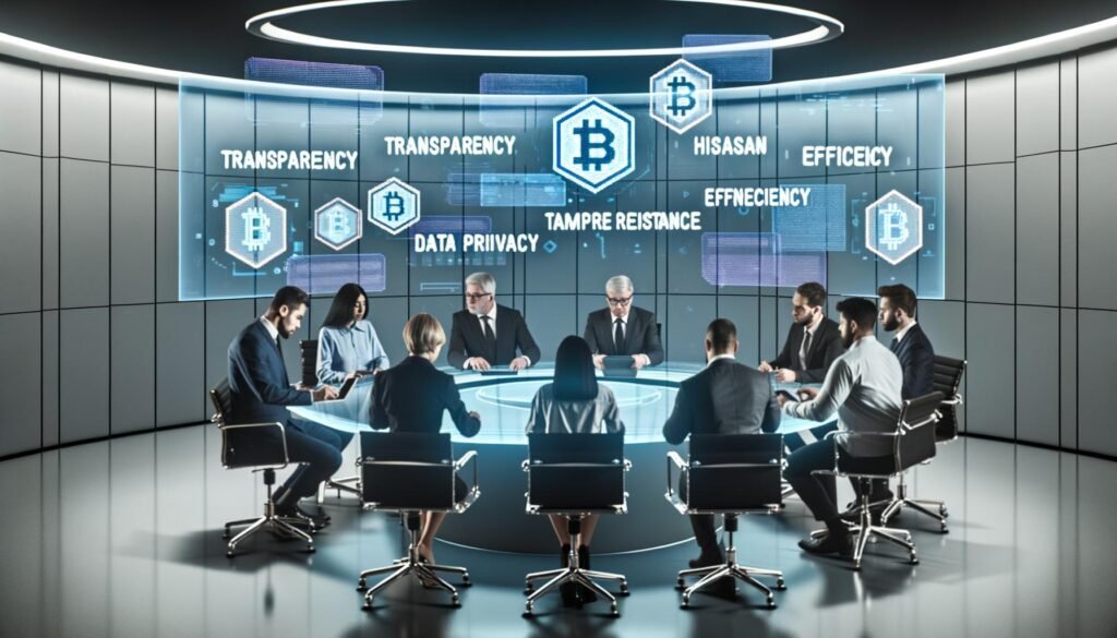 Illustrationen von modernen Behörden mit Blockchain-Technologie: Entscheidungsträger:innen an Glastisch, holographische Blockchain-Symbole, Vergleich von digitalem Büro und überwachtem Archiv, Nahaufnahme einer digitalen Blockchain-Kette, medizinische Warnung zu Datenschutz, internationale Karte mit Blockchain-Projekten, How-to-Workflow und Marathonlauf zwischen Hype und Realität.