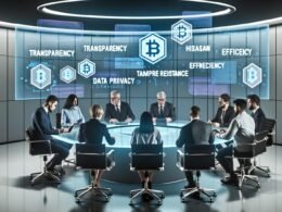 Illustrationen von modernen Behörden mit Blockchain-Technologie: Entscheidungs­träger:innen an Glastisch, holographische Blockchain-Symbole, Vergleich von digitalem Büro und überwachtem Archiv, Nahaufnahme einer digitalen Blockchain-Kette, medizinische Warnung zu Datenschutz, internationale Karte mit Blockchain-Projekten, How-to-Workflow und Marathonlauf zwischen Hype und Realität.