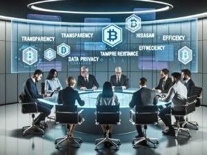 Illustrationen von modernen Behörden mit Blockchain-Technologie: Entscheidungs­träger:innen an Glastisch, holographische Blockchain-Symbole, Vergleich von digitalem Büro und überwachtem Archiv, Nahaufnahme einer digitalen Blockchain-Kette, medizinische Warnung zu Datenschutz, internationale Karte mit Blockchain-Projekten, How-to-Workflow und Marathonlauf zwischen Hype und Realität.