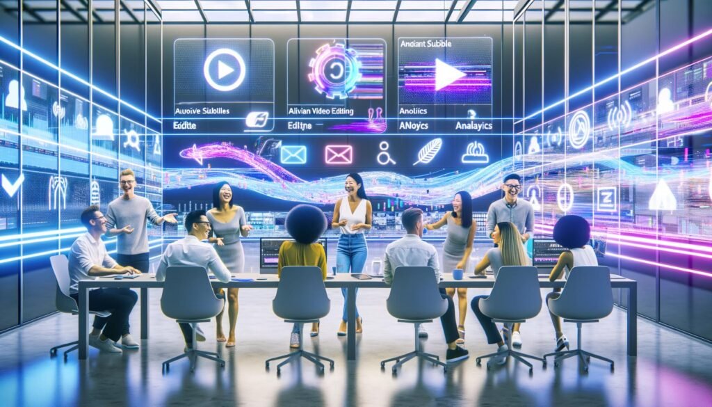 Futuristisches Büro mit digitalem Marketingteam, das KI-Tools für automatisierte Videobearbeitung, Untertitel und Content-Distribution nutzt. Im Hintergrund sind Vergleiche führender Videoplattformen sichtbar.