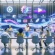 Futuristisches Büro mit digitalem Marketingteam, das KI-Tools für automatisierte Videobearbeitung, Untertitel und Content-Distribution nutzt. Im Hintergrund sind Vergleiche führender Videoplattformen sichtbar.