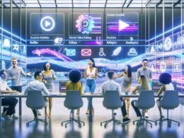 Futuristisches Büro mit digitalem Marketingteam, das KI-Tools für automatisierte Videobearbeitung, Untertitel und Content-Distribution nutzt. Im Hintergrund sind Vergleiche führender Videoplattformen sichtbar.