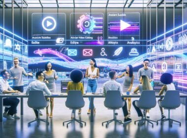 Futuristisches Büro mit digitalem Marketingteam, das KI-Tools für automatisierte Videobearbeitung, Untertitel und Content-Distribution nutzt. Im Hintergrund sind Vergleiche führender Videoplattformen sichtbar.