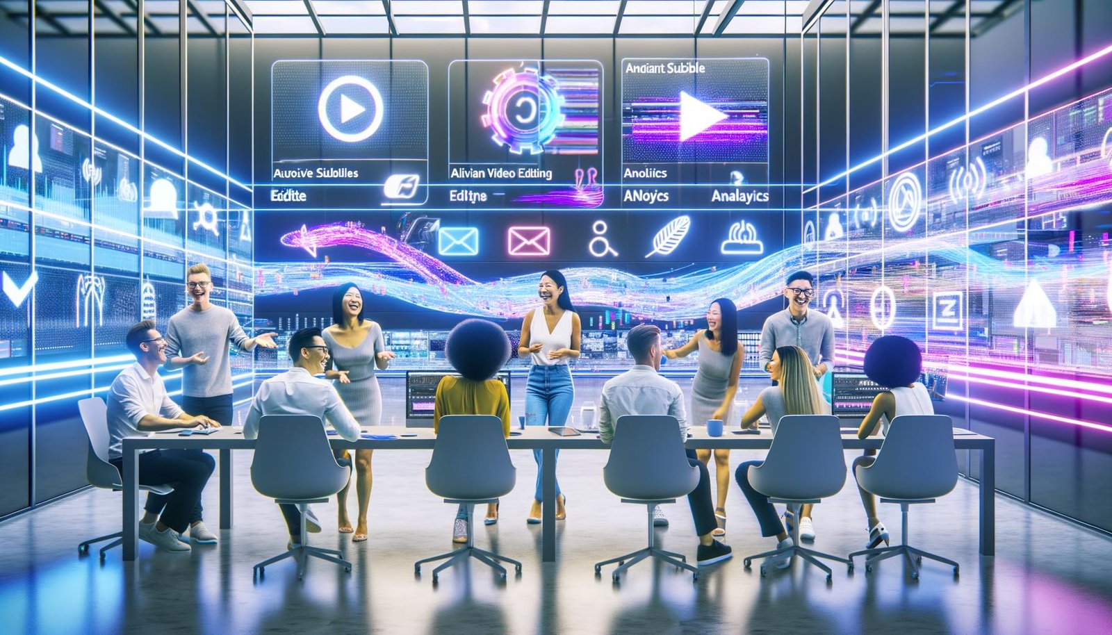 Futuristisches Büro mit digitalem Marketingteam, das KI-Tools für automatisierte Videobearbeitung, Untertitel und Content-Distribution nutzt. Im Hintergrund sind Vergleiche führender Videoplattformen sichtbar.