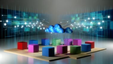 Modernes Büro mit bunten, isolierten Datenwürfeln auf Podesten, getrennt durch digitale Mauern und leuchtende, unterbrochene Datenverbindungen. Im Hintergrund verbindet ein Netzwerk aus Datenelementen alles dynamisch.