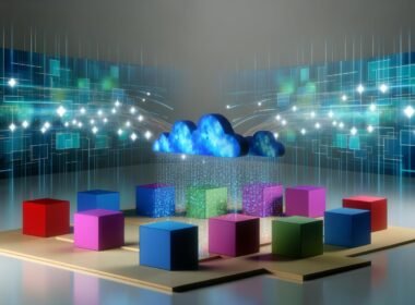 Modernes Büro mit bunten, isolierten Datenwürfeln auf Podesten, getrennt durch digitale Mauern und leuchtende, unterbrochene Datenverbindungen. Im Hintergrund verbindet ein Netzwerk aus Datenelementen alles dynamisch.