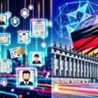 Moderne Illustration des Berliner Regierungsviertels mit Blockchain-Ketten zwischen Regierungsgebäuden, digitalen Ausweisen und Bürgern sowie dem deutschen Flaggenmotiv im Hintergrund.