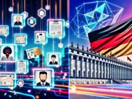 Moderne Illustration des Berliner Regierungsviertels mit Blockchain-Ketten zwischen Regierungsgebäuden, digitalen Ausweisen und Bürgern sowie dem deutschen Flaggenmotiv im Hintergrund.