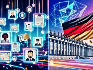 Moderne Illustration des Berliner Regierungsviertels mit Blockchain-Ketten zwischen Regierungsgebäuden, digitalen Ausweisen und Bürgern sowie dem deutschen Flaggenmotiv im Hintergrund.