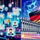 Moderne Illustration des Berliner Regierungsviertels mit Blockchain-Ketten zwischen Regierungsgebäuden, digitalen Ausweisen und Bürgern sowie dem deutschen Flaggenmotiv im Hintergrund.