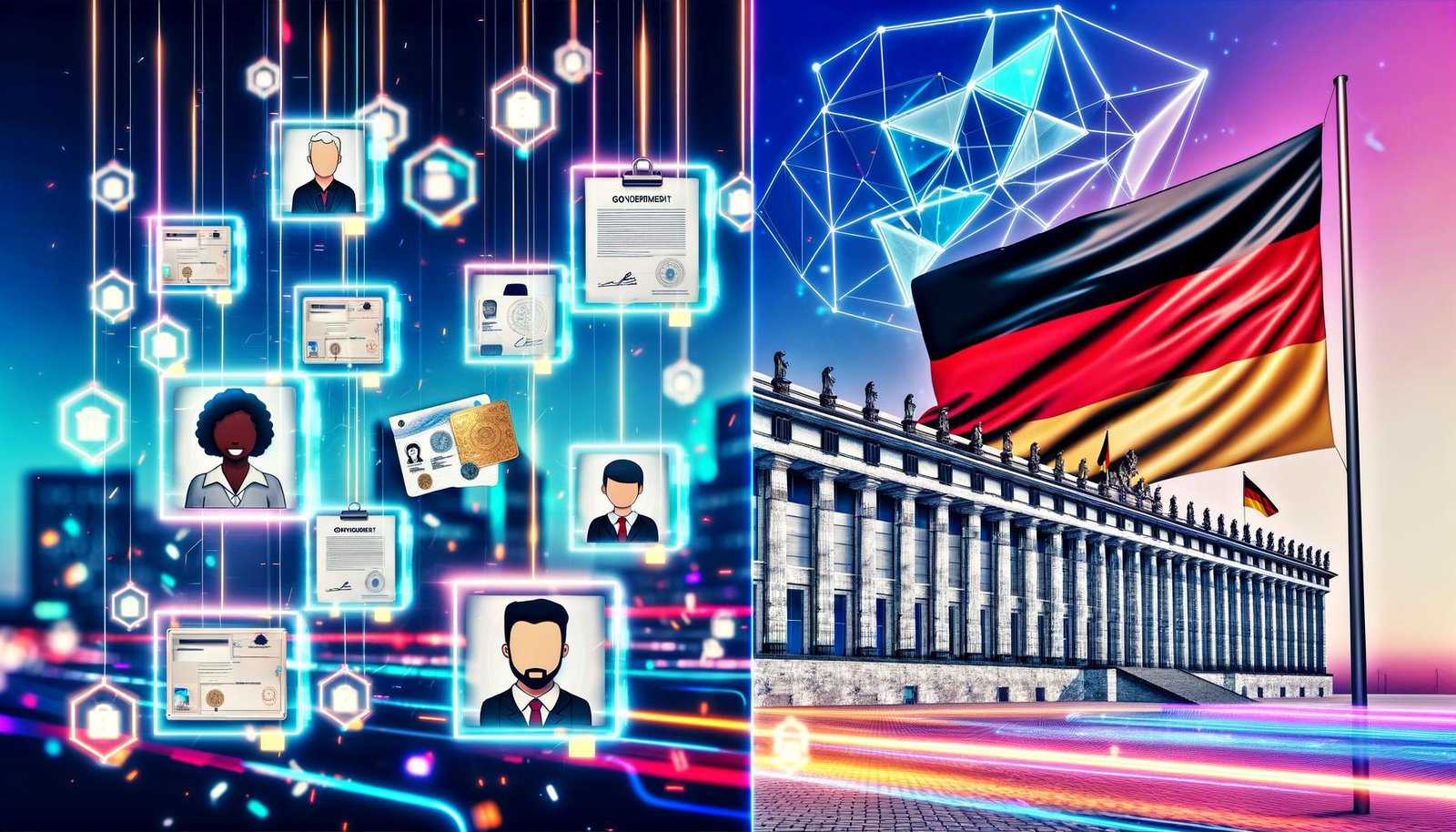 Moderne Illustration des Berliner Regierungsviertels mit Blockchain-Ketten zwischen Regierungsgebäuden, digitalen Ausweisen und Bürgern sowie dem deutschen Flaggenmotiv im Hintergrund.
