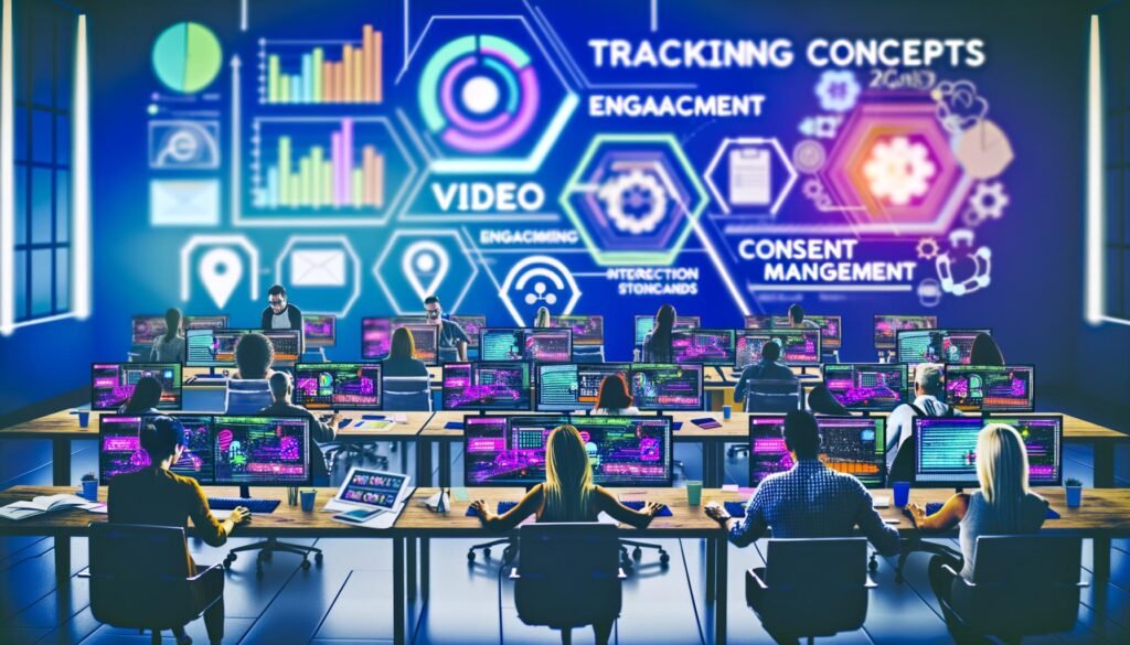 Marketing-Team arbeitet konzentriert an Computern mit Dashboards für Video-Tracking, Engagement-KPIs, Interaktionsdiagrammen und Notizen zu Tagging-Standards; im Hintergrund Whiteboard mit Reporting- und Consent-Workflow.