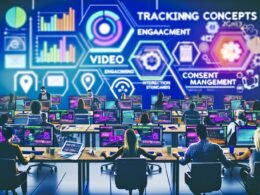 Marketing-Team arbeitet konzentriert an Computern mit Dashboards für Video-Tracking, Engagement-KPIs, Interaktionsdiagrammen und Notizen zu Tagging-Standards; im Hintergrund Whiteboard mit Reporting- und Consent-Workflow.