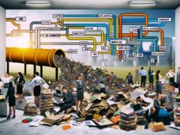 Frustrierte Marketing-Mitarbeiter in einem überladenen Büro mit verstreuten Datenquellen und einem leuchtenden Datenpipeline, die verschiedene Systeme zu einem Dashboard vereint