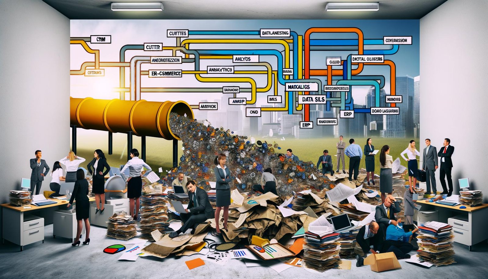 Frustrierte Marketing-Mitarbeiter in einem überladenen Büro mit verstreuten Datenquellen und einem leuchtenden Datenpipeline, die verschiedene Systeme zu einem Dashboard vereint