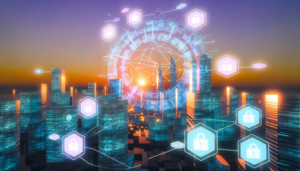 Futuristische, cyberpunk-inspirierte Stadt bei Dämmerung mit beleuchteten Gebäuden, holografischen Blockchain-Protokollen, Bürgern beim digitalen Voting und einem schwebenden dezentralen Netzwerkdiagramm, das Governance repräsentiert.