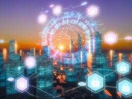Futuristische, cyberpunk-inspirierte Stadt bei Dämmerung mit beleuchteten Gebäuden, holografischen Blockchain-Protokollen, Bürgern beim digitalen Voting und einem schwebenden dezentralen Netzwerkdiagramm, das Governance repräsentiert.