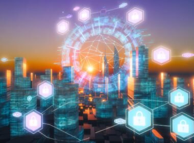 Futuristische, cyberpunk-inspirierte Stadt bei Dämmerung mit beleuchteten Gebäuden, holografischen Blockchain-Protokollen, Bürgern beim digitalen Voting und einem schwebenden dezentralen Netzwerkdiagramm, das Governance repräsentiert.
