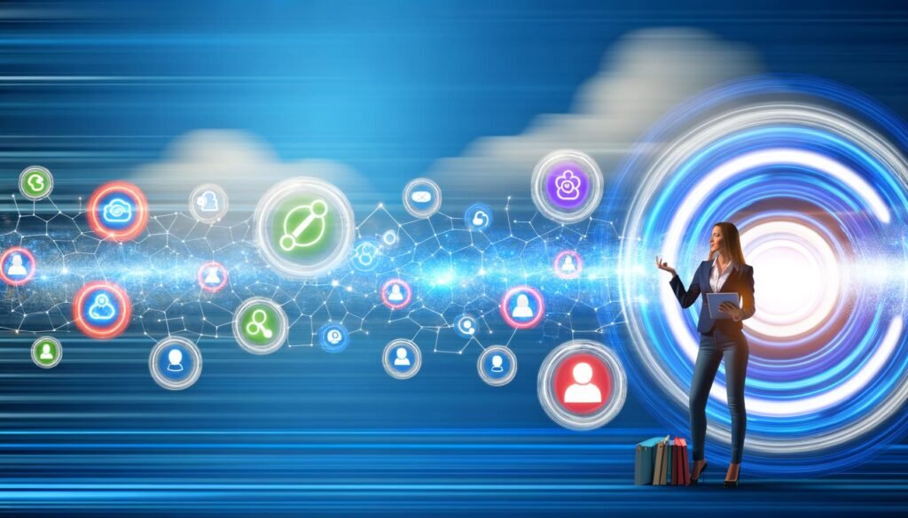 Dynamische Illustration eines Marketing-Teams vor vernetzten, futuristischen Datenströmen und Plattform-Icons, die den Wandel zu einem zentralen Daten-Hub zeigen