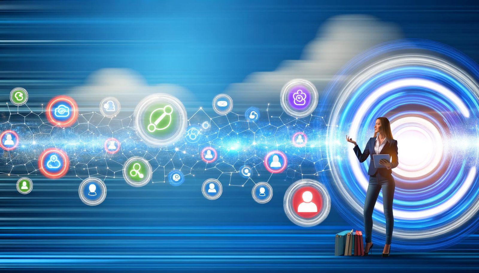 Dynamische Illustration eines Marketing-Teams vor vernetzten, futuristischen Datenströmen und Plattform-Icons, die den Wandel zu einem zentralen Daten-Hub zeigen
