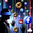 Illustration einer Person mit verbundenen Augen im Datenlabyrinth, umgeben von bunten Datenströmen, Zahlen, Cookie-Symbolen und Social-Media-Logos, mit überwachenden Figuren im Hintergrund.