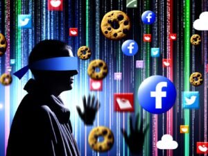 Illustration einer Person mit verbundenen Augen im Datenlabyrinth, umgeben von bunten Datenströmen, Zahlen, Cookie-Symbolen und Social-Media-Logos, mit überwachenden Figuren im Hintergrund.