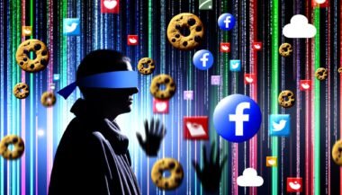Illustration einer Person mit verbundenen Augen im Datenlabyrinth, umgeben von bunten Datenströmen, Zahlen, Cookie-Symbolen und Social-Media-Logos, mit überwachenden Figuren im Hintergrund.