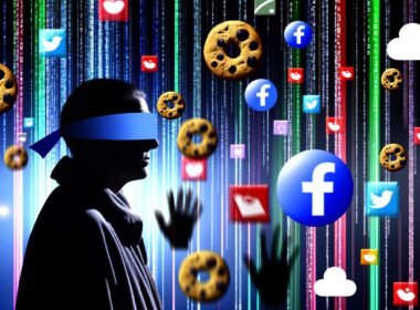 Illustration einer Person mit verbundenen Augen im Datenlabyrinth, umgeben von bunten Datenströmen, Zahlen, Cookie-Symbolen und Social-Media-Logos, mit überwachenden Figuren im Hintergrund.