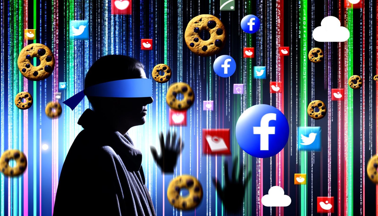 Illustration einer Person mit verbundenen Augen im Datenlabyrinth, umgeben von bunten Datenströmen, Zahlen, Cookie-Symbolen und Social-Media-Logos, mit überwachenden Figuren im Hintergrund.
