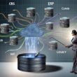 Geschäftsanalyse jongliert chaotische Excel-Tabellen, API-Kabel und ETL-Diagramme vor isolierten Datensilos, während ein digitales Datenintegrations-Panel für Klarheit sorgt.