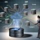 Geschäftsanalyse jongliert chaotische Excel-Tabellen, API-Kabel und ETL-Diagramme vor isolierten Datensilos, während ein digitales Datenintegrations-Panel für Klarheit sorgt.