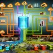Infografik mit Data Warehouse im Zentrum, angebunden an diverse Datenquellen per klar strukturierter Pipeline, ETL/ELT-Schritten und Monitoring-Dashboards am Rand.