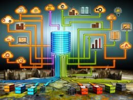 Infografik mit Data Warehouse im Zentrum, angebunden an diverse Datenquellen per klar strukturierter Pipeline, ETL/ELT-Schritten und Monitoring-Dashboards am Rand.