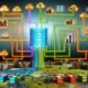 Infografik mit Data Warehouse im Zentrum, angebunden an diverse Datenquellen per klar strukturierter Pipeline, ETL/ELT-Schritten und Monitoring-Dashboards am Rand.