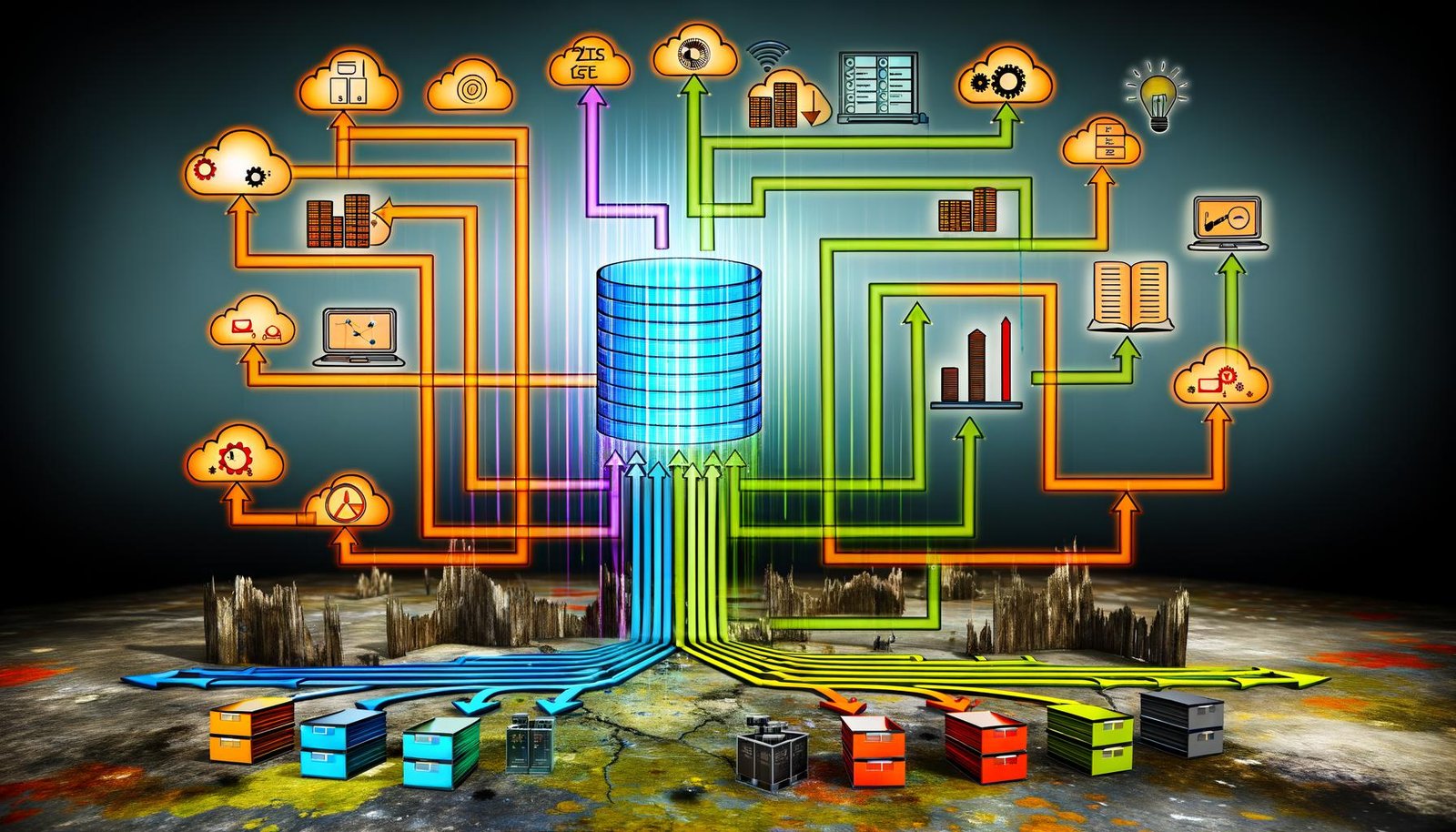 Infografik mit Data Warehouse im Zentrum, angebunden an diverse Datenquellen per klar strukturierter Pipeline, ETL/ELT-Schritten und Monitoring-Dashboards am Rand.