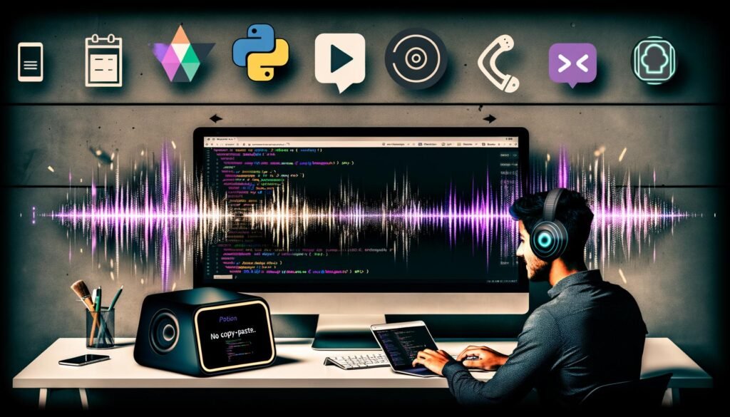 Junge Professionals in stylischer Arbeitsumgebung mit Notion-Dashboard, dynamischen Soundwellen, Code-Snippets und Icons von Automatisierungs-Tools wie Zapier, Python, Google Cloud, Amazon Polly und Slack.