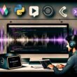 Junge Professionals in stylischer Arbeitsumgebung mit Notion-Dashboard, dynamischen Soundwellen, Code-Snippets und Icons von Automatisierungs-Tools wie Zapier, Python, Google Cloud, Amazon Polly und Slack.