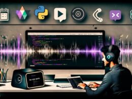 Junge Professionals in stylischer Arbeitsumgebung mit Notion-Dashboard, dynamischen Soundwellen, Code-Snippets und Icons von Automatisierungs-Tools wie Zapier, Python, Google Cloud, Amazon Polly und Slack.