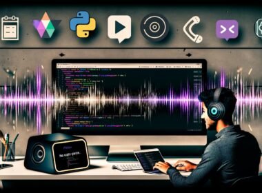 Junge Professionals in stylischer Arbeitsumgebung mit Notion-Dashboard, dynamischen Soundwellen, Code-Snippets und Icons von Automatisierungs-Tools wie Zapier, Python, Google Cloud, Amazon Polly und Slack.