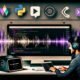 Junge Professionals in stylischer Arbeitsumgebung mit Notion-Dashboard, dynamischen Soundwellen, Code-Snippets und Icons von Automatisierungs-Tools wie Zapier, Python, Google Cloud, Amazon Polly und Slack.