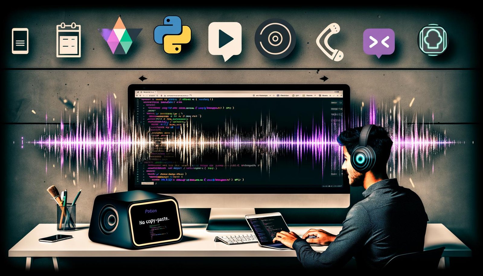 Junge Professionals in stylischer Arbeitsumgebung mit Notion-Dashboard, dynamischen Soundwellen, Code-Snippets und Icons von Automatisierungs-Tools wie Zapier, Python, Google Cloud, Amazon Polly und Slack.