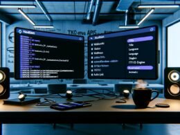 Moderner Büroarbeitsplatz mit Notion-Datenbank im Dark Mode, Kaffee, Smartphone mit Audiodatei, Smart Speaker, Kabel und Whiteboard mit Skizzen zu APIs und Automatisierung.
