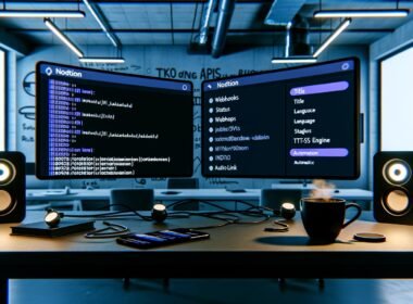 Moderner Büroarbeitsplatz mit Notion-Datenbank im Dark Mode, Kaffee, Smartphone mit Audiodatei, Smart Speaker, Kabel und Whiteboard mit Skizzen zu APIs und Automatisierung.