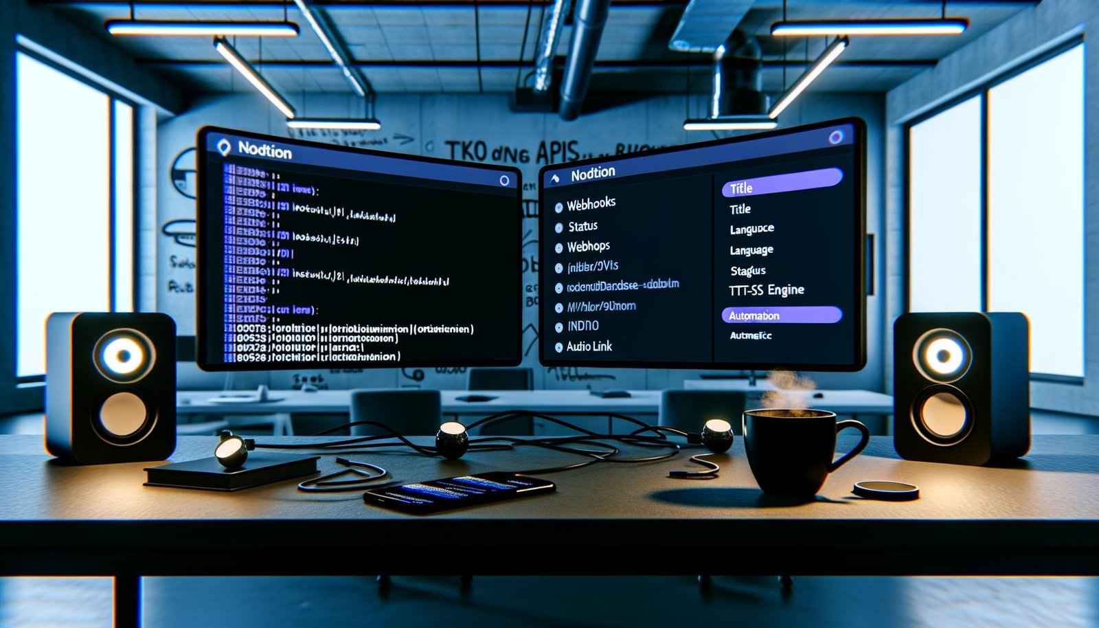 Moderner Büroarbeitsplatz mit Notion-Datenbank im Dark Mode, Kaffee, Smartphone mit Audiodatei, Smart Speaker, Kabel und Whiteboard mit Skizzen zu APIs und Automatisierung.