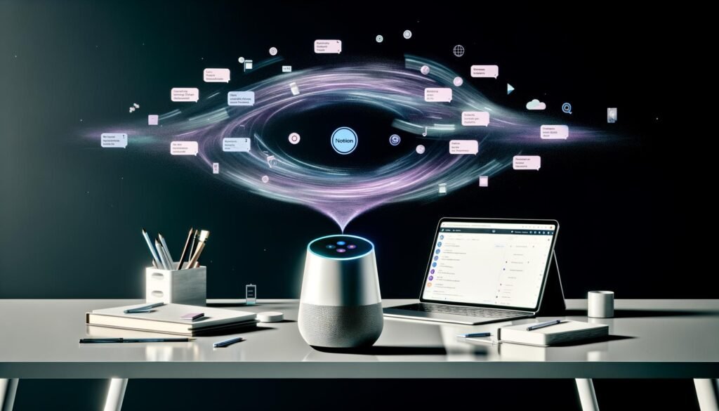Futuristisches Büro mit Laptop, Notion-Logo, Smart-Lautsprecher und visualisierten Voice-Kommandos, verbunden mit digitalen Boards und To-Do-Listen.