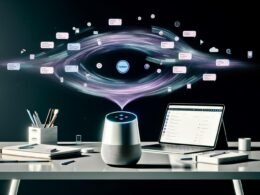 Futuristisches Büro mit Laptop, Notion-Logo, Smart-Lautsprecher und visualisierten Voice-Kommandos, verbunden mit digitalen Boards und To-Do-Listen.